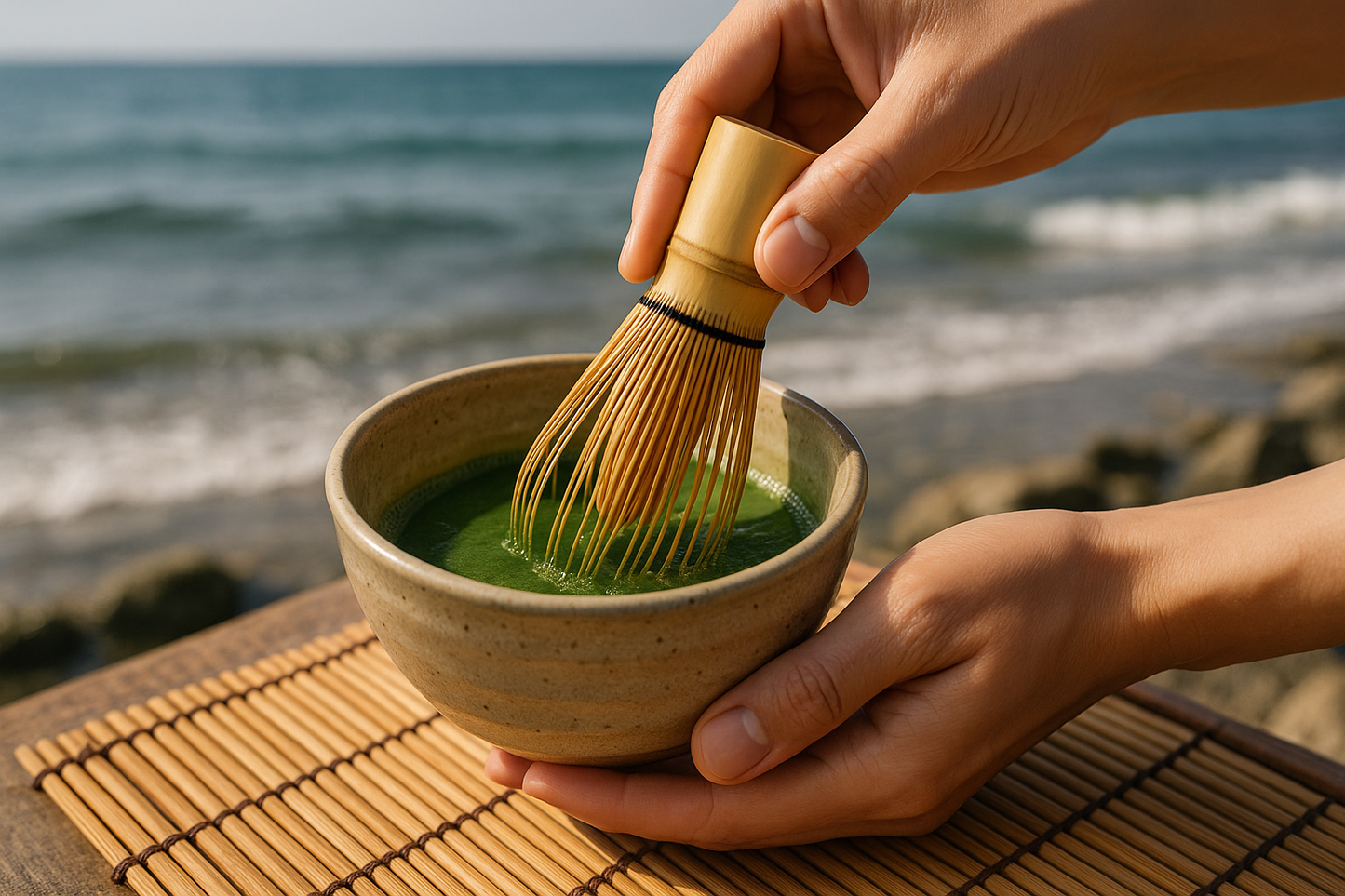 Traditional bamboo matcha whisk being used by the seaside - realistic product photography