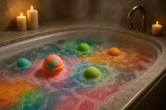 Colorful bath bombs dissolving in luxury jacuzzi with marble bathroom