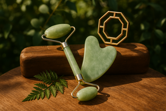 Light green jade facial roller and gua sha set in natural botanical setting