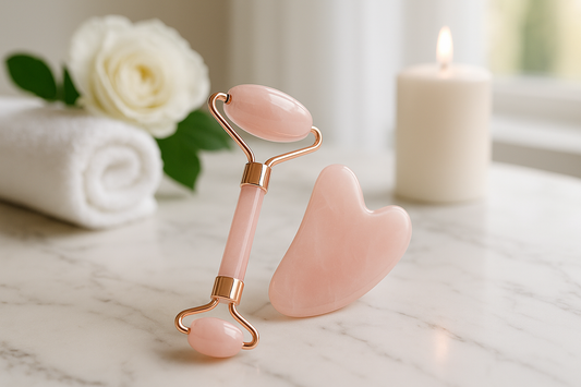 Luxury rose quartz facial roller and gua sha set on marble surface with spa atmosphere