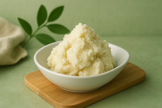 Raw shea butter in light greenish natural atmosphere - realistic product photography