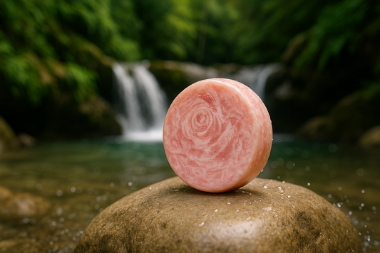 Round pink and white rose soap on stone beside waterfall - realistic product photography